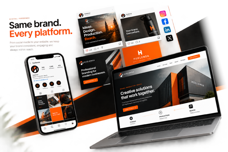 Huelensa-image-showing-a-case-scenerio-where-the-brand-remains-consistency-with-in-different levels of mibile applocations BRANDING . PRODUCTION . REACH